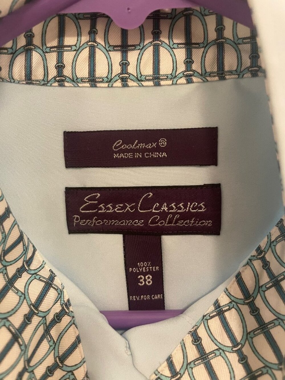 Essex Classics Coolmax show shirt wrap collar size 38 pale blue bit print lining